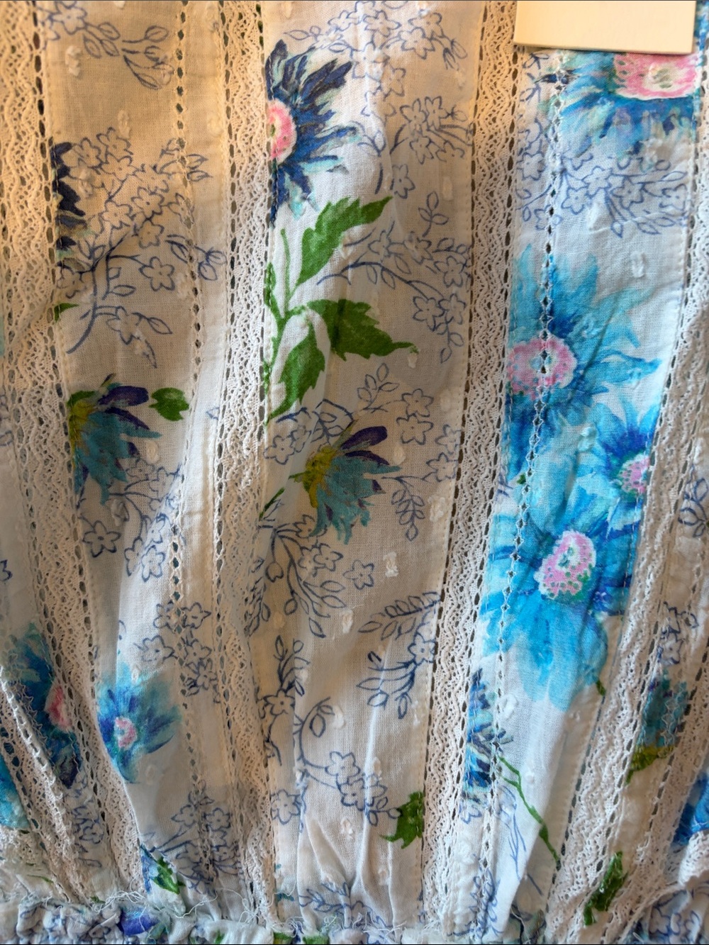 LoveShackFancy White Mini Dress with Blue Floral Print and Green Leaf Accents - Picture 3 of 8